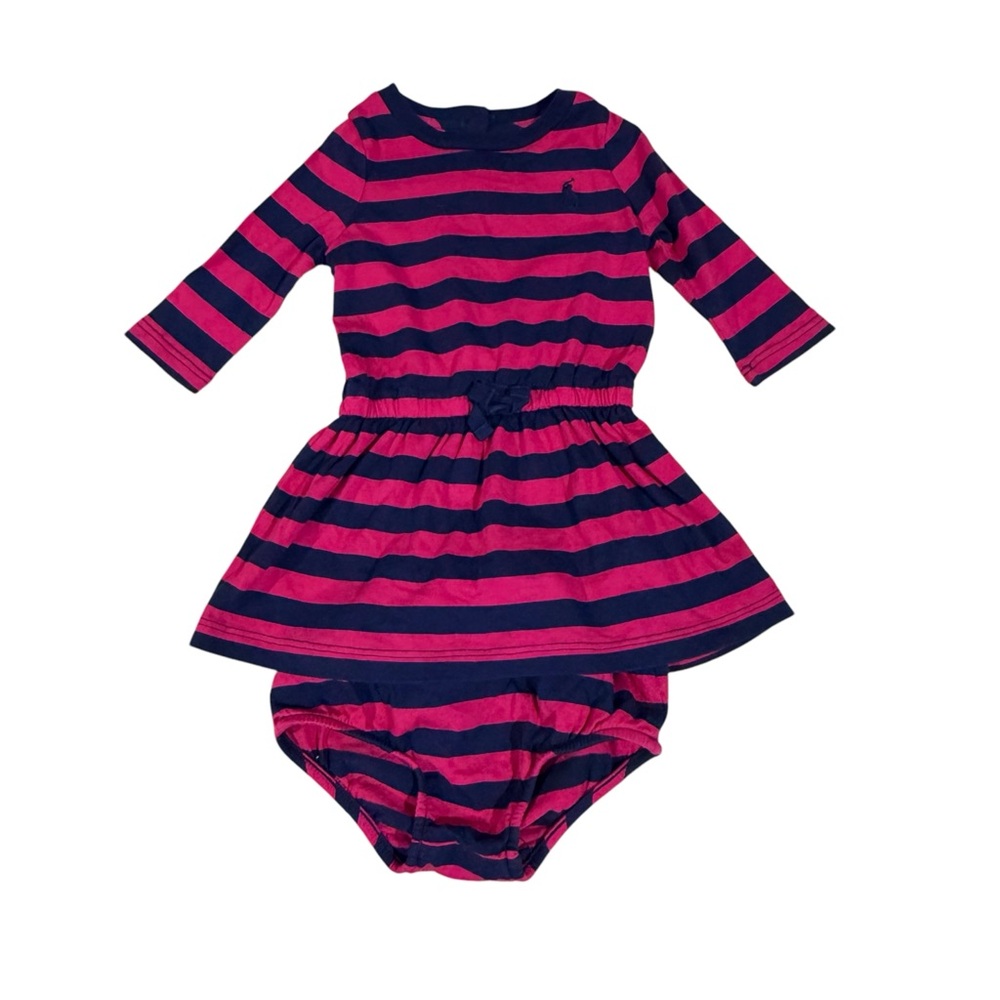 Ralph Lauren Striped Cotton Rugby Dress & Bloomer Pink Blue Size 3 Months